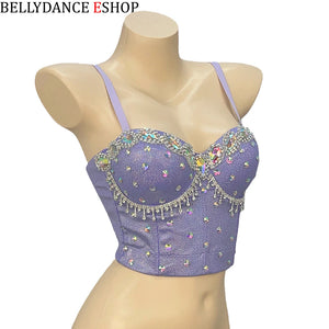 Belly Dance Bra Top, Women's Lavender Sequin & Rhinestone Embellished Dance Costume Top, Belly Dancing