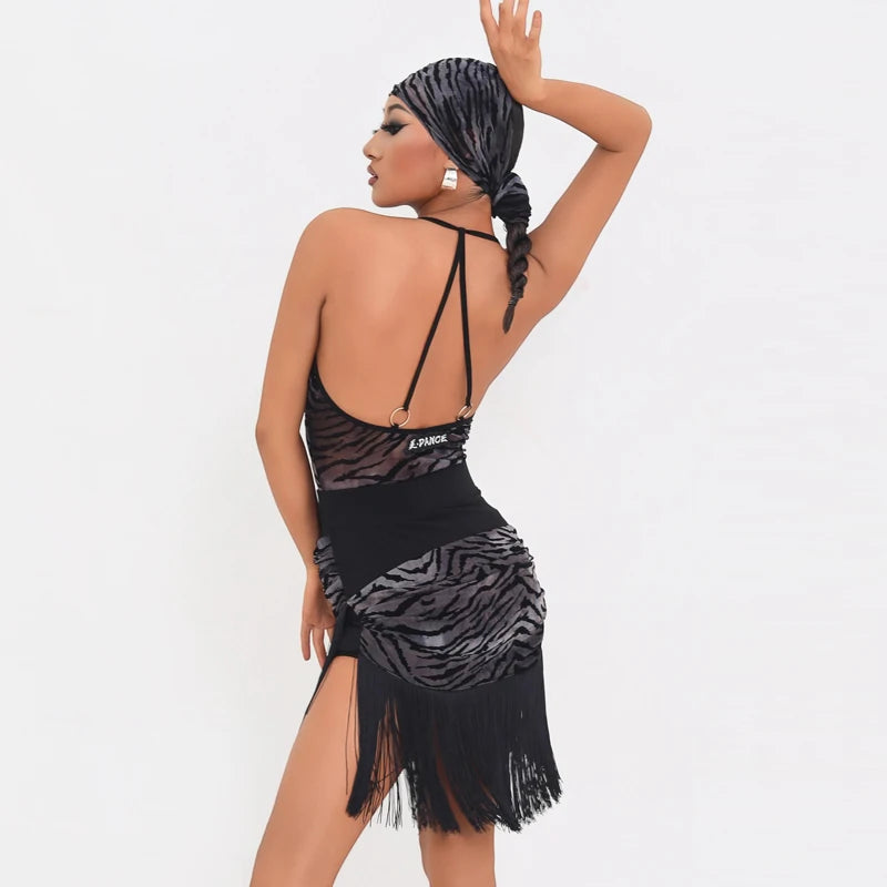 Women's Brown & Black Zebra Print Velvet Fringe Latin Dance Dress