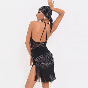 Women's Brown & Black Zebra Print Velvet Fringe Latin Dance Dress