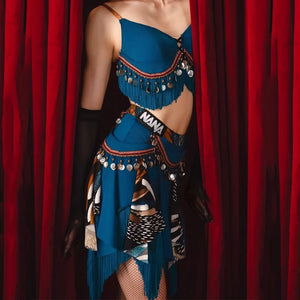 Belly Dance Costume Women Blue Fringe Sequined Skirt Top Set Tribal Fusion Dancewear