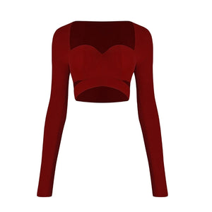 Women's Burgundy & Black Fringe Latin Dance Top and Shorts Set, Long Sleeve Sweetheart Crop Top, High Waist Fringe Shorts