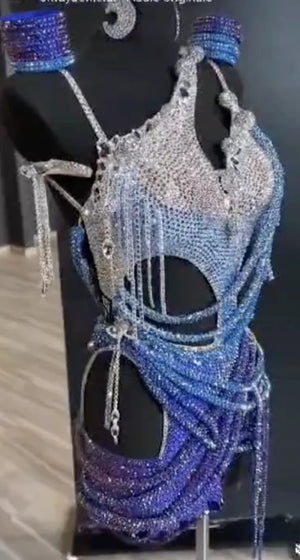 Rhinestone Belly Dance Costume, Women's Ombre Blue & Silver Crystal Embellished Two-Piece Set with Fringe & Cut-Outs, Latin Dancewear