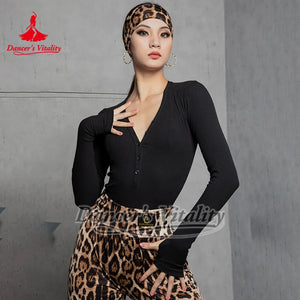 Women's Pink Ribbed Long Sleeve V-Neck Bodysuit with Thumbholes, Latin Ballroom Dance