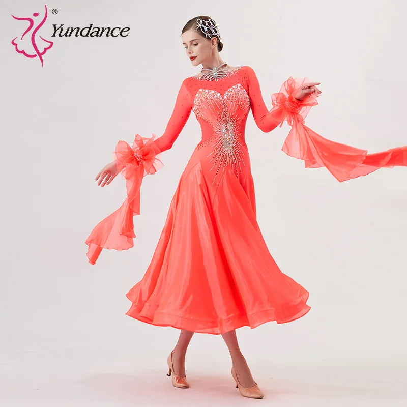 Women's Standard Ballroom Waltz Dress With Rhinestones Multi-Color For Competition