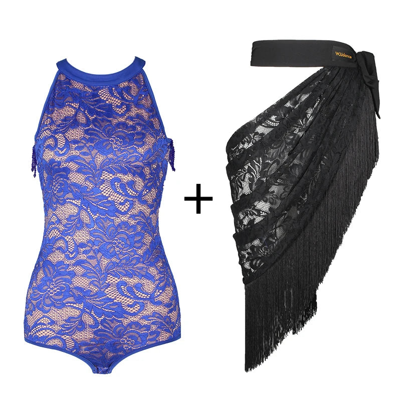 Women's Black Lace Halter Bodysuit with Fringe Latin Dance Skirt