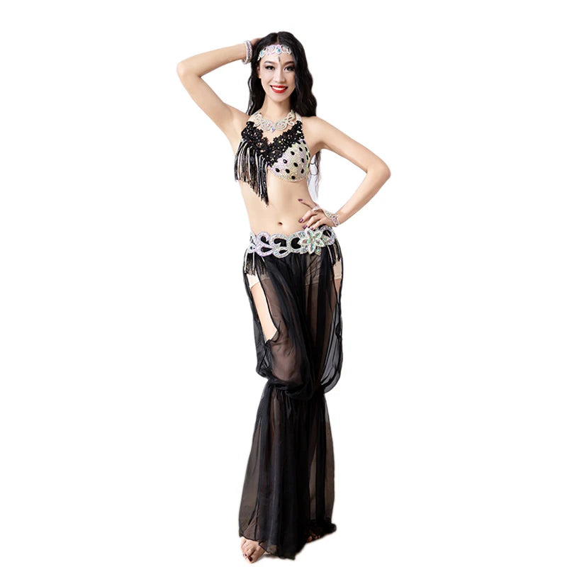 Belly Dance Costume Women's Black Sheer Harem Pants and Embellished Sequin Bra Set for Performance