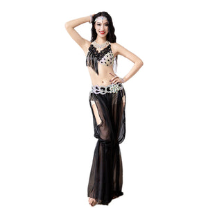 Belly Dance Costume Women's Black Sheer Harem Pants and Embellished Sequin Bra Set for Performance