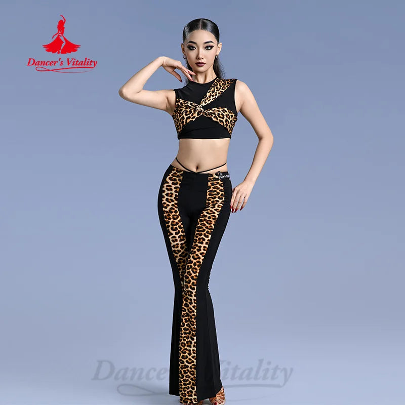 Women's Black Leopard Print Crop Top and Flared Pants Latin Dance Set