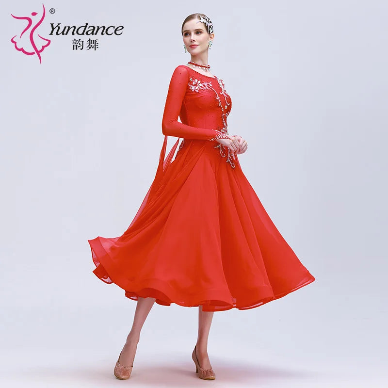 Women's Standard Ballroom Dance Dress With Rhinestones In Coffee Chiffon For Competition