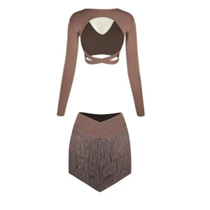 Women's Pink, Brown, Black V-Neck Long Sleeve Crop Top & Fringe Latin Dance Skirt Set