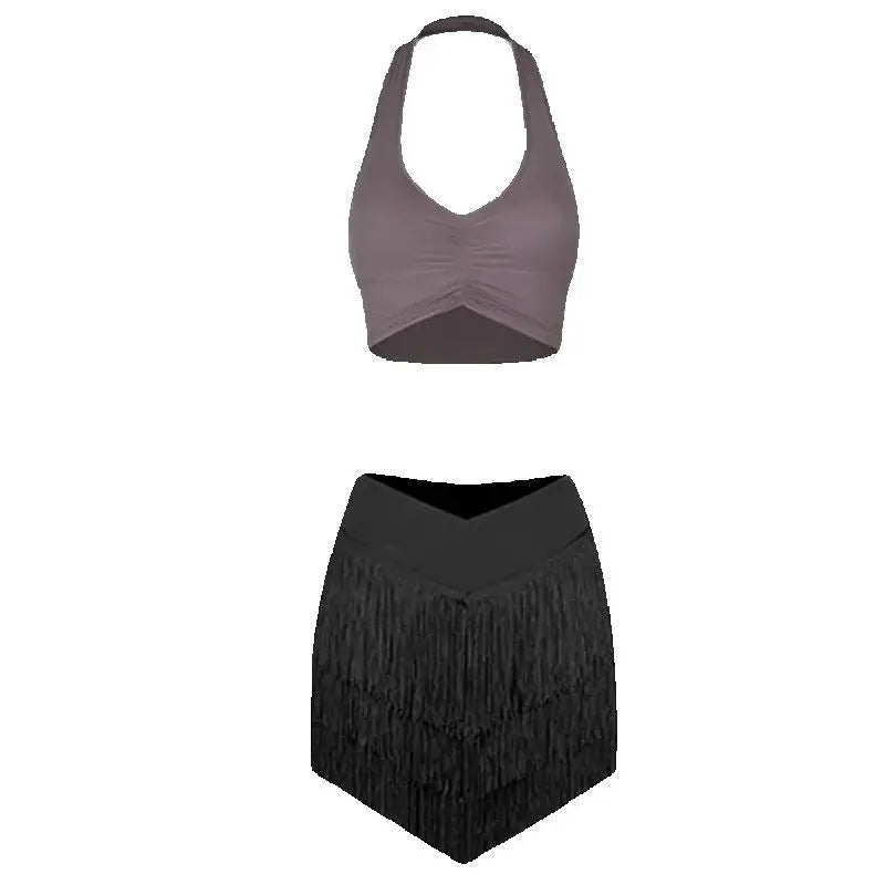 Women's Halter Neck Ruched Crop Top & Layered Fringe Latin Dance Skirt Set
