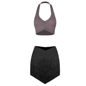 Women's Halter Neck Ruched Crop Top & Layered Fringe Latin Dance Skirt Set