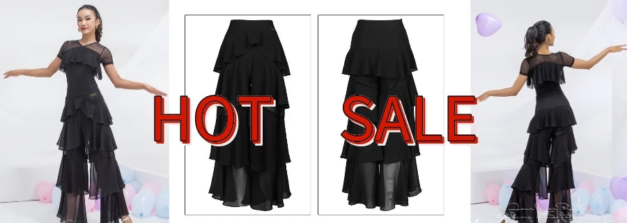 Women's Black Ruffled Mesh Long Sleeve Latin Ballroom Dance Top & Pants Set