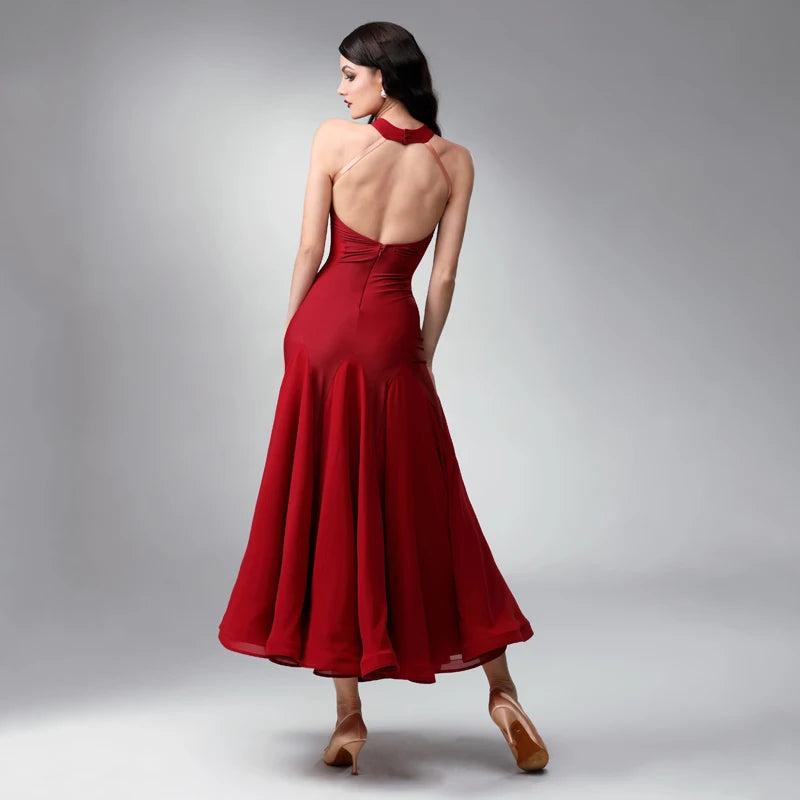 Women's Red Halter Neck Ballroom Dance Dress with Mesh Panels and Flowy Skirt