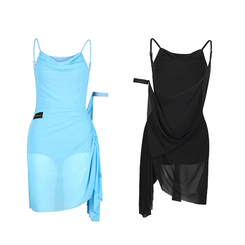 Women's Blue Ruched Draped Mesh Latin Dance Dress