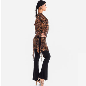 Women's Brown Leopard Print Chiffon Asymmetrical Tunic Top with Black Flare Dance Pants - Latin Ballroom