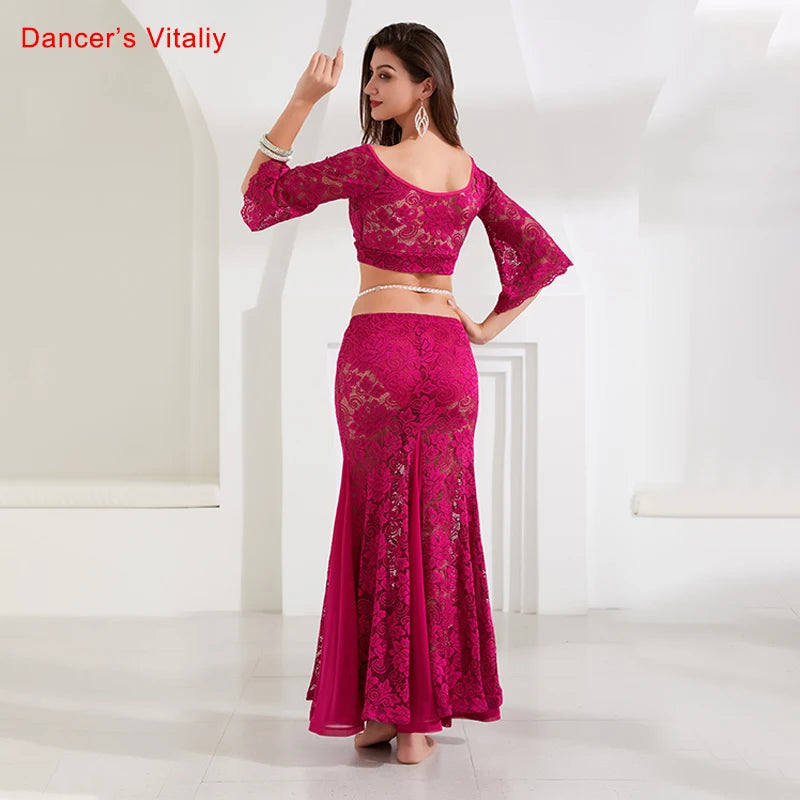 Women's Fuchsia Lace Bell Sleeve Crop Top and Mermaid Skirt Set - Belly Dance