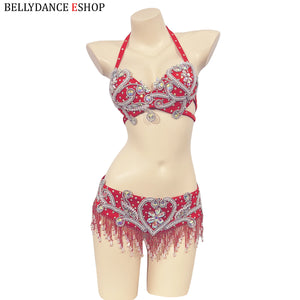 Belly Dance Costume Womens Royal Blue Halter Bra and Hip Scarf with Silver Embroidery, Rhinestones, and Beaded Fringe for Performance