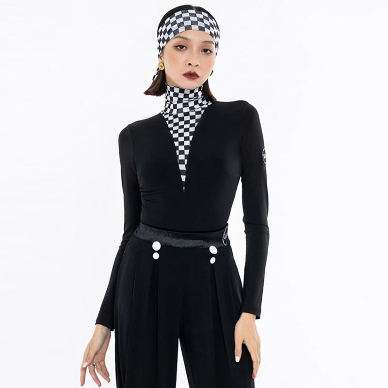 Women's Black & White Checkered Long Sleeve Turtleneck Bodysuit with Pleated Pants, Ballroom Dance