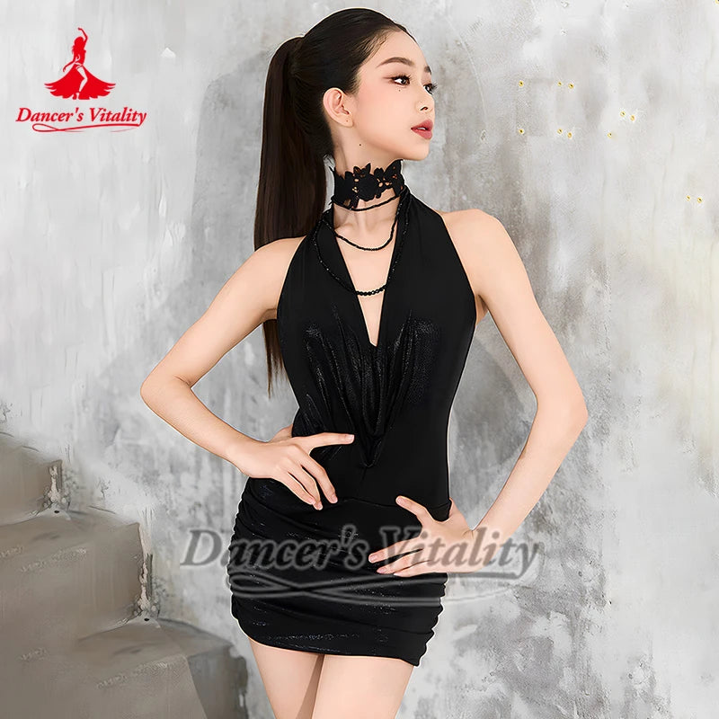 Women's Black & White Halter Neck Ruched Sequin Mini Dress for Latin Dance