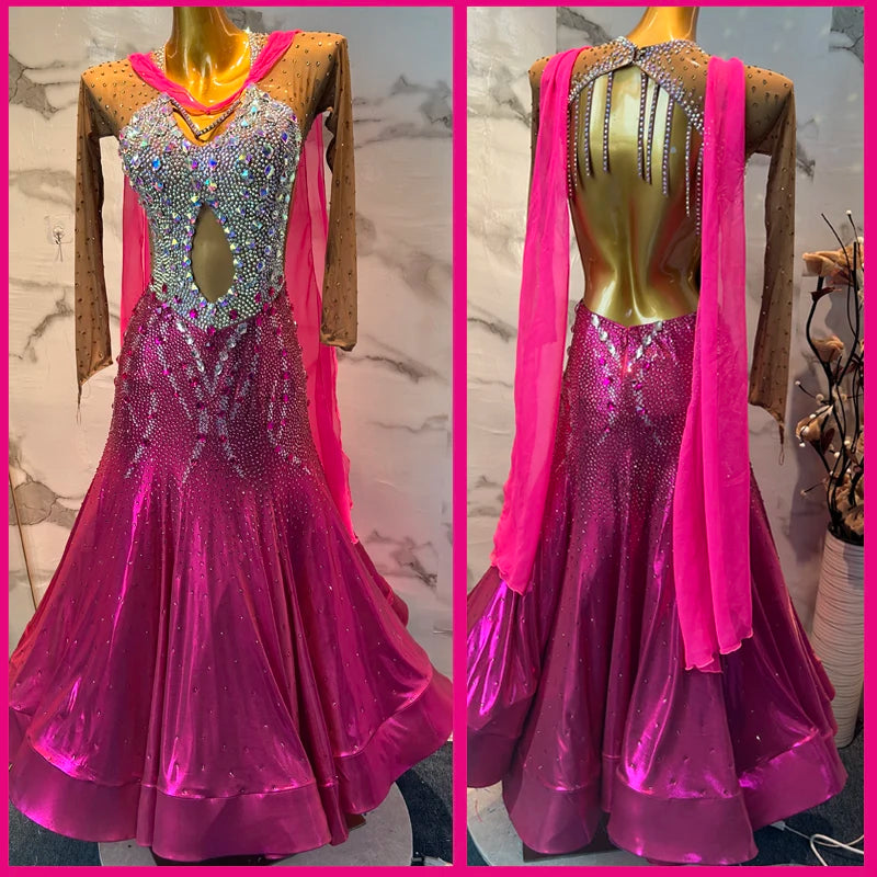 Ballroom Dance Dress Women's Fuchsia Mesh Long Sleeve Rhinestone Cutout Backless Gown