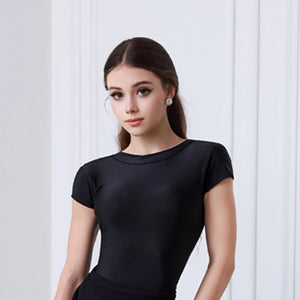 Women's Black Short Sleeve Boat Neck Dance Top and Wide Leg Ruffle Hem Pants Set for Latin Ballroom