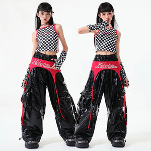 Dance Costume Girls Black White Red Checkered Crop Top Shiny PU Cargo Pants Hip Hop Street Dance