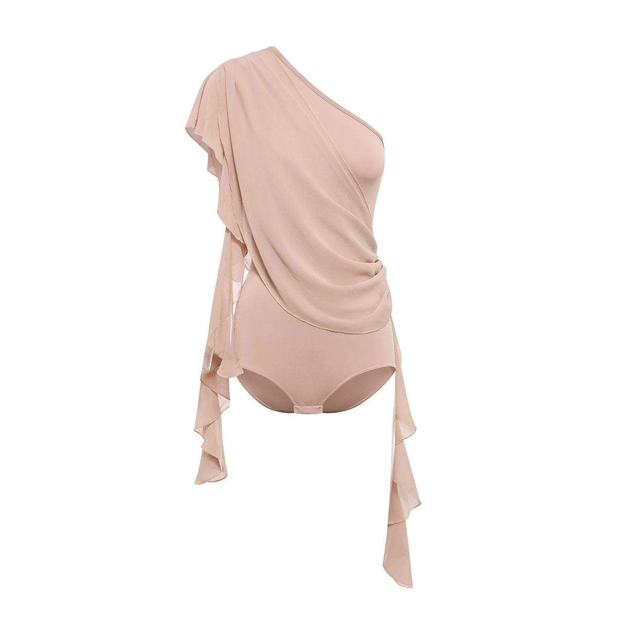 Women's Nude Chiffon One-Shoulder Ruffle Bodysuit & Skirt Latin Dancewear Set