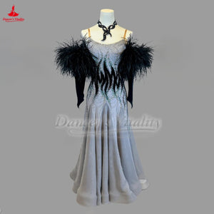 Ballroom Dance Dress Women's Gray with Black Feather Sleeves and Beaded Flame Design Standard Smooth Gown