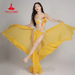 Belly Dance Costume Women Hot Pink Sequin Fringe Bra & Slit Skirt Set Chiffon Performance Outfit