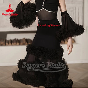 Girls' White & Black Mock Neck Mesh Pearl Latin Dance Dress with Ruffled Skirt