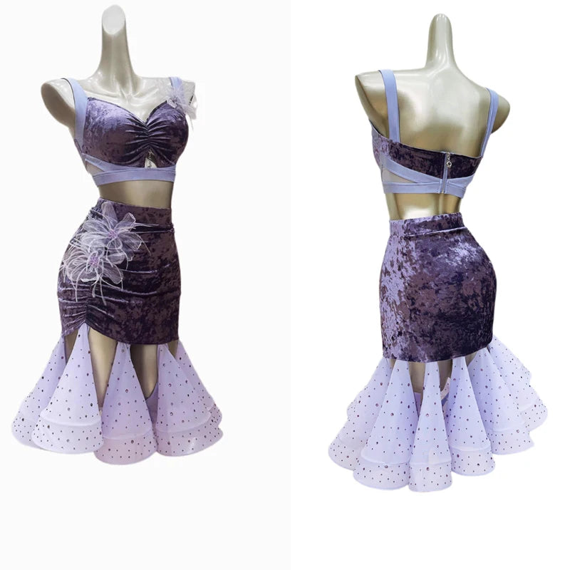 Women's Black Lace Velvet Mesh Latin Ballroom Dance Crop Top and Skirt Set with Slit Hem, Floral Applique