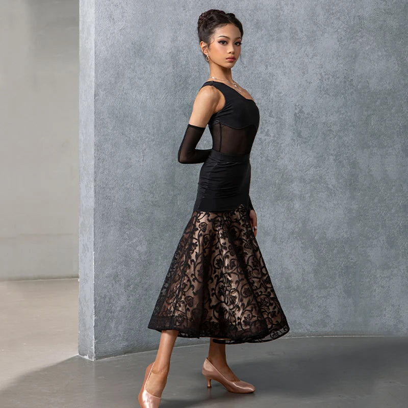 Women's Black One-Shoulder Mesh & Lace Ballroom Dance Dress with Arm Sleeves