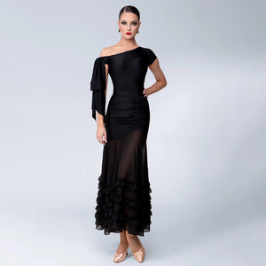 Dance Dress Women's Black One-Shoulder Ruched Chiffon Ruffled Ballroom Latin Dance Dress