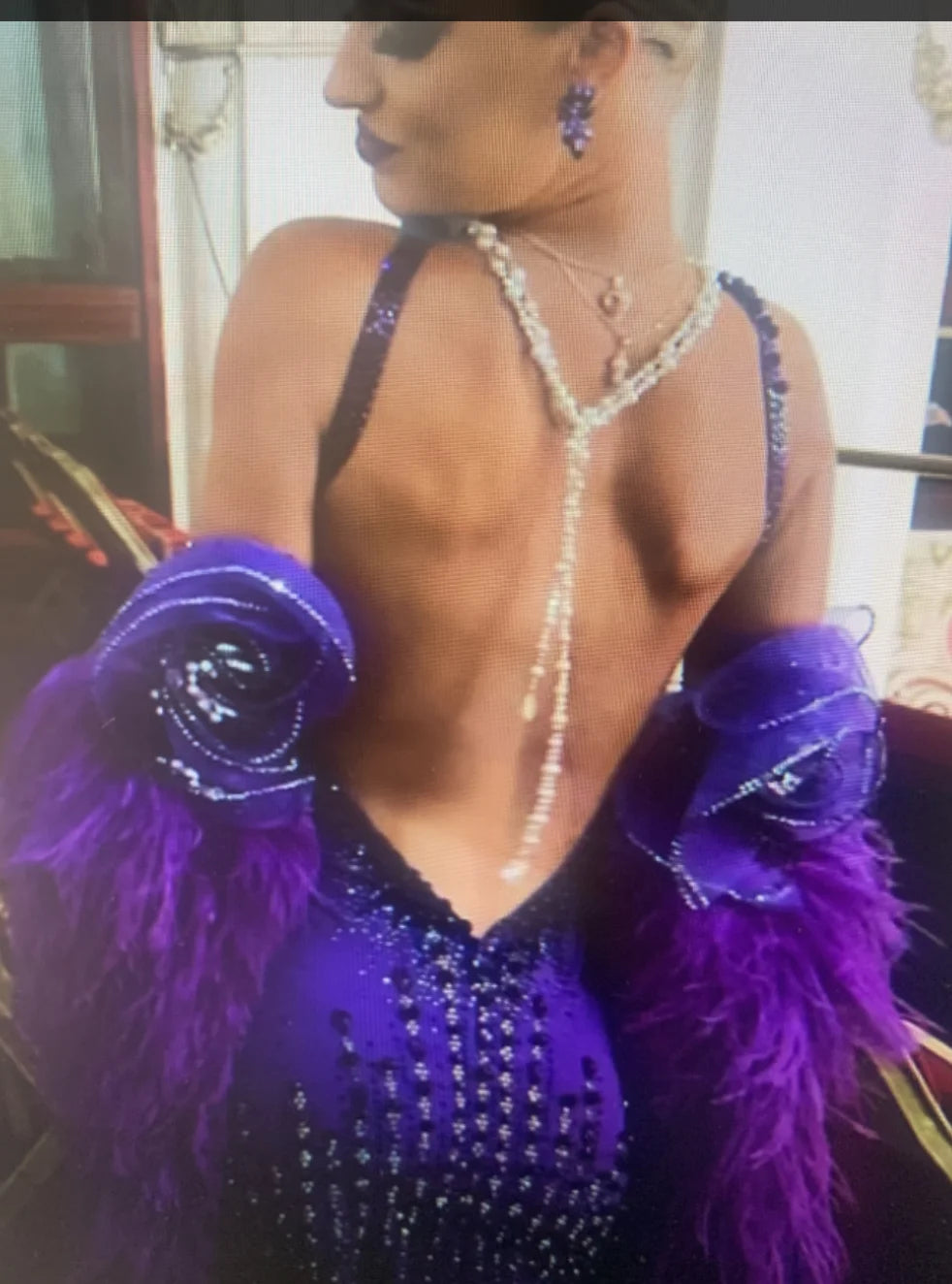 Women's Purple Sequin & Feather Ballroom Dance Gown