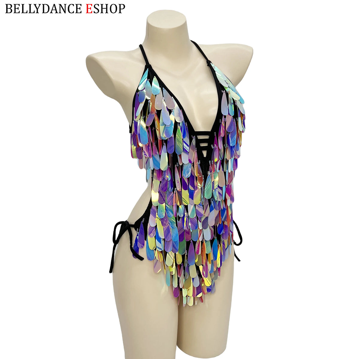 Women's Iridescent Sequin Fringe Halter Bodysuit, Belly Dance/Stage Wear