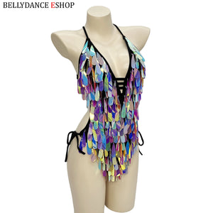 Women's Iridescent Sequin Fringe Halter Bodysuit, Belly Dance/Stage Wear