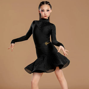 Girls' Black Ballroom Dance Dress with Lace Neckline and Ruched Waist, Long Sleeve Latin Dance Skirt