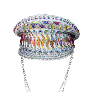 Women's White Iridescent Crystal Sequin Military Captain Hat with Chain, Festival Dance