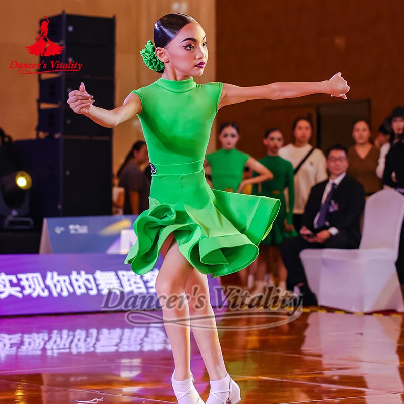 Girls Green Short Sleeve Ruffled Latin Dance Dress
