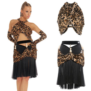 Ballroom Dance Dress Women's Leopard Print Black Halter Neck Draped Top with Matching Arm Sleeves and Beaded Skirt with Tulle Fringe
