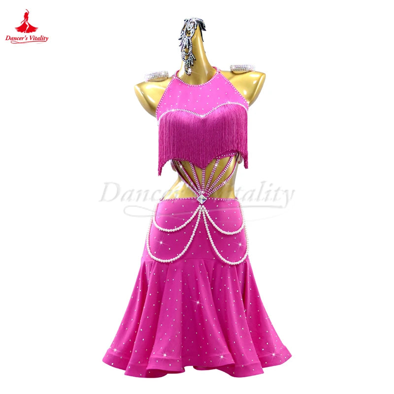Women's Fuchsia Halter Fringe Rhinestone Pearl Latin Dance Dress