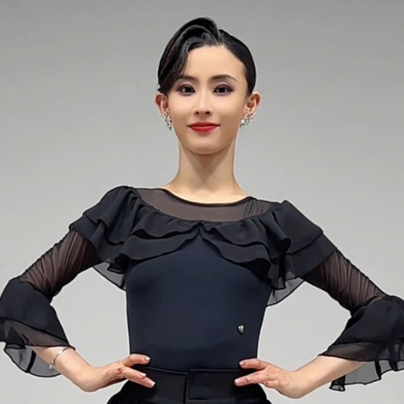 Women's Black Ruffled Mesh Long Sleeve Latin Ballroom Dance Top & Pants Set