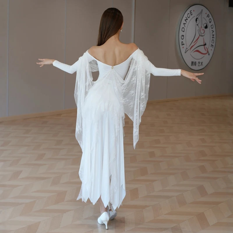 Women's White Off-Shoulder Long Sleeve Lace Ballroom Dance Dress with Asymmetrical Skirt