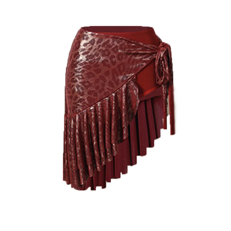 Women's Black Glitter Long Sleeve Crop Top and Leopard Print Ruffle Skirt Latin Dancewear, Women's Burgundy Glitter Long Sleeve Crop Top and Leopard Print Ruffle Skirt Latin Dancewear, Women's Gold Glitter Long Sleeve Crop Top and Leopard Print Ruffle Ski