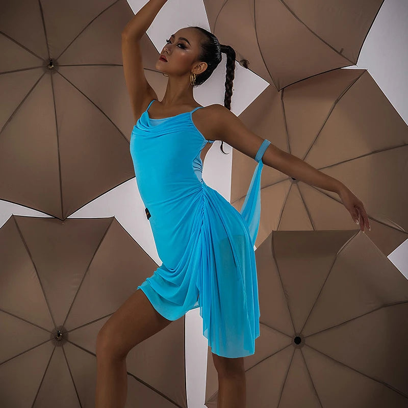 Women's Blue Ruched Draped Mesh Latin Dance Dress