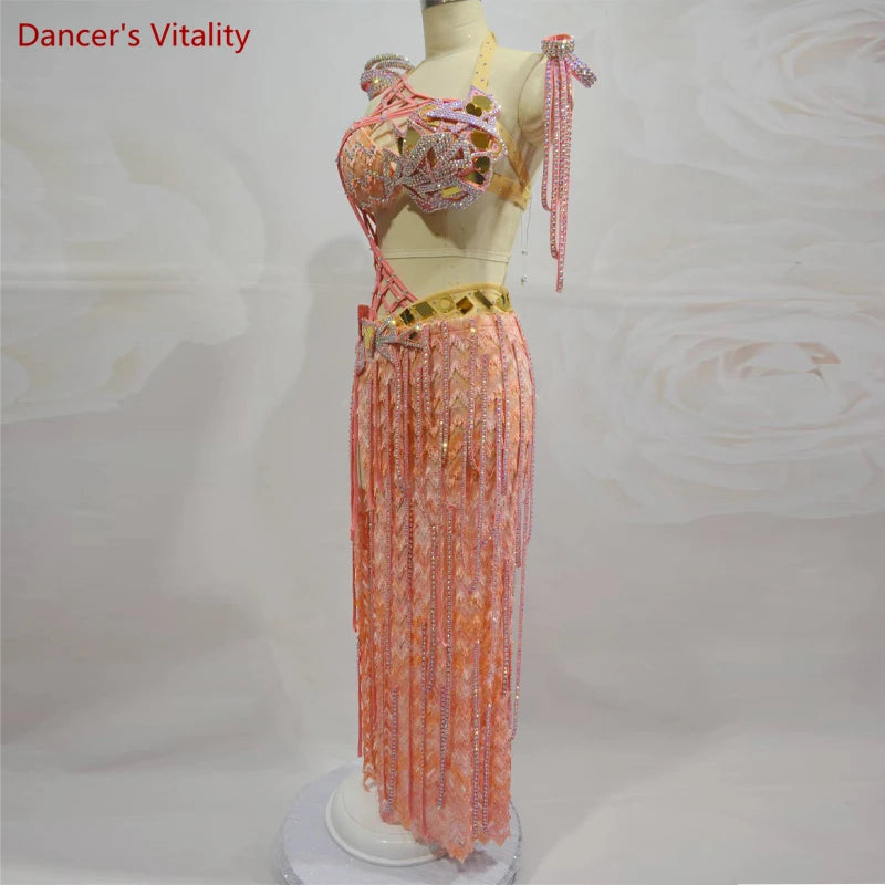 Belly Dance Costume Women's Pink Sequin Rhinestone Cutout Halter Bra & Skirt Set with Arm Cuffs