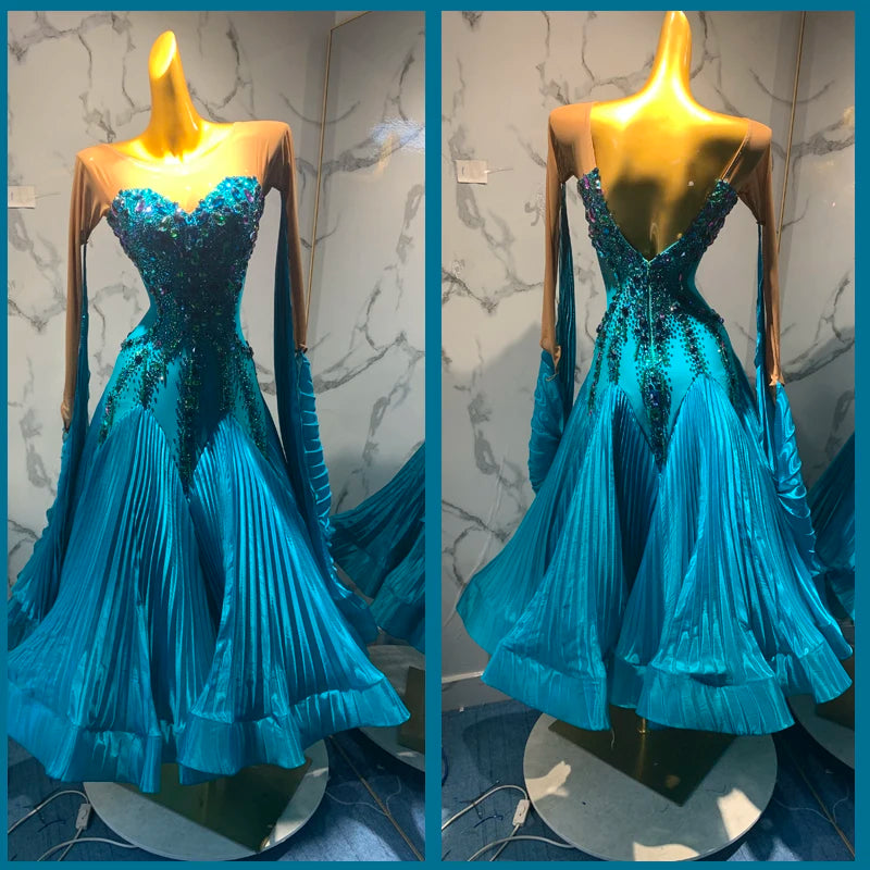 Ballroom Dance Dress Women's Teal Blue Embellished Sweetheart Neck Long Sleeve Pleated Skirt