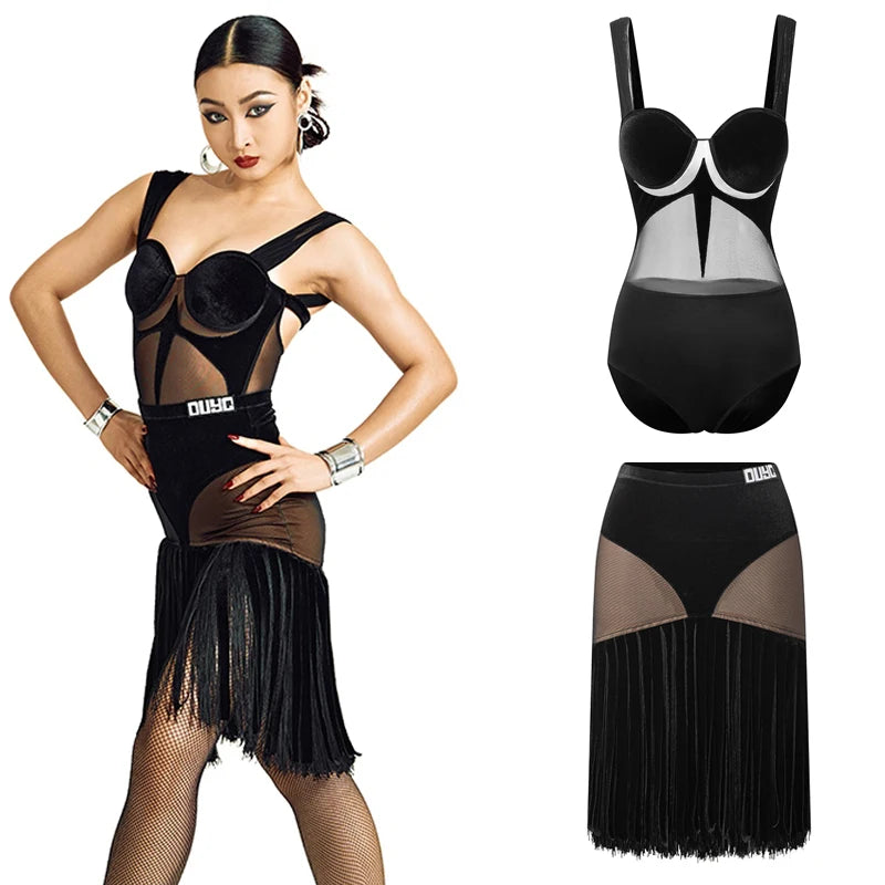 Women's Black Velvet Mesh Fringe Latin Dance Dress