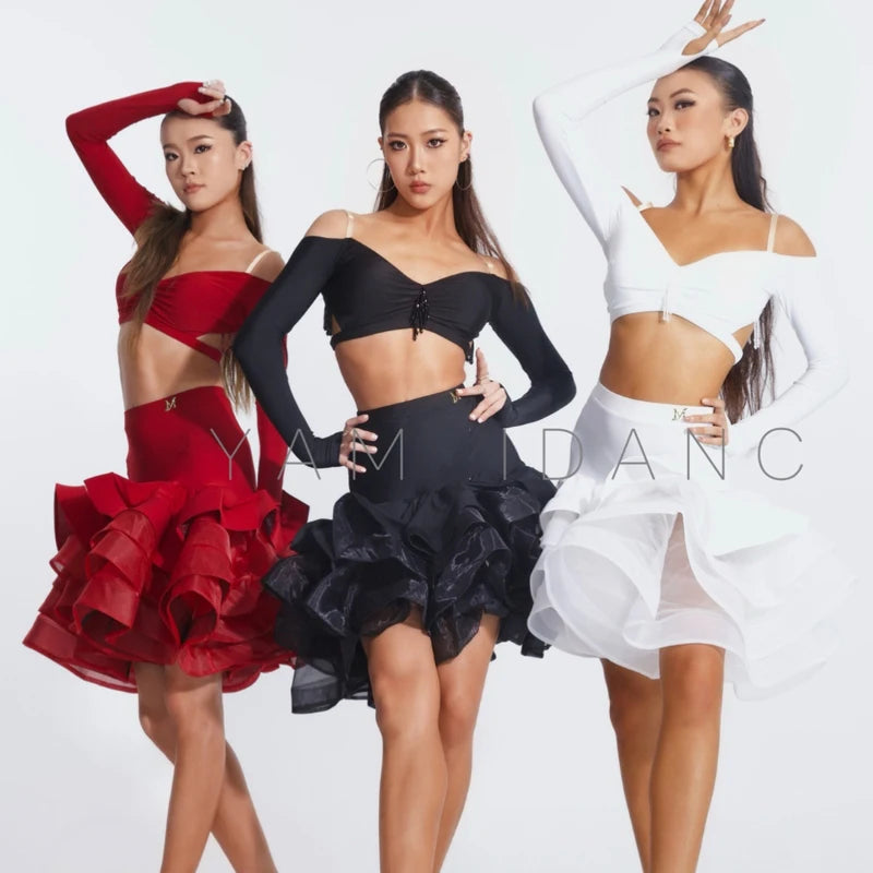 Women's Light Blue, Lavender, and Gold Off-Shoulder Long Sleeve Crop Top and Ruffled Skirt Latin Dance Dress